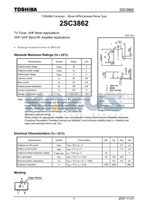 2SC3862 datasheet - Silicon NPN Epitaxial Planar Type TV Tuner, UHF Mixer Applications