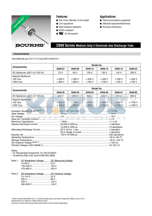 2049-13-B-T1LF datasheet - 2049 Series Medium Duty 2-Electrode Gas Discharge Tube