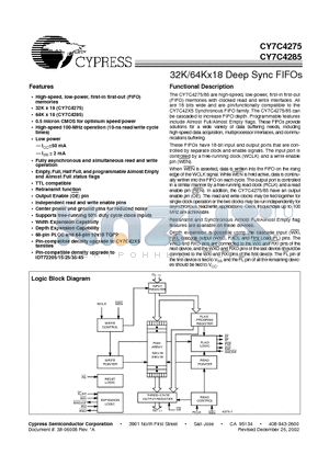 CY7C4275-15ASC datasheet - 32K/64Kx18 Deep Sync FIFOs