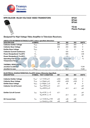 BF391 datasheet - NPN SILICON HILGH VOLTAGE VIDEO TRANSISTORS