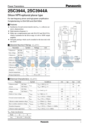 2SC3944 datasheet - Silicon NPN epitaxial planar type(For low-frequency driver and high power amplification)