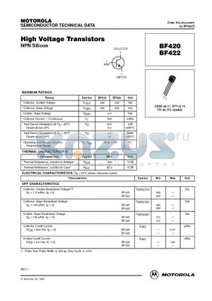 BF420 datasheet - High Voltage Transistors(NPN Silicon)