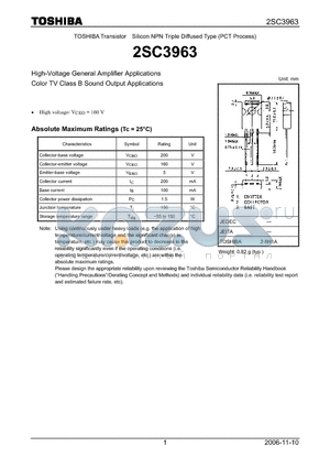 2SC3963 datasheet - Silicon NPN Triple Diffused Type (PCT Process) High-Voltage General Amplifier Applications