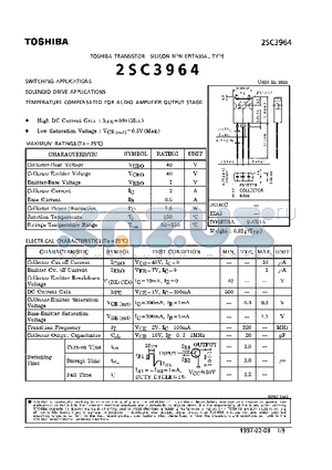 2SC3964 datasheet - NPN EPITAXIAL TYPE (SWITCHING, SOLENOID DRIVE APPLICATIONS, TEMPERATURE CONPENSATED FOR AUDIO AMPLIFIER OUTPUT STAGE)
