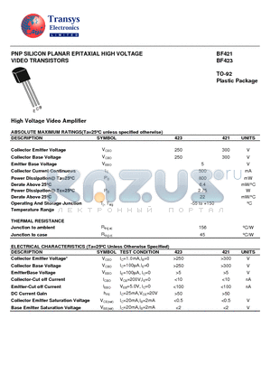 BF421 datasheet - PNP SILICON PLANAR EPITAXIAL HIGH VOLTAGE VIDEO TRANSISTORS