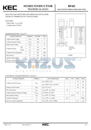 BF421 datasheet - SILICON PNP TRIPLE DIFFUSED TYPE