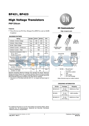 BF421ZL1G datasheet - High Voltage Transistors