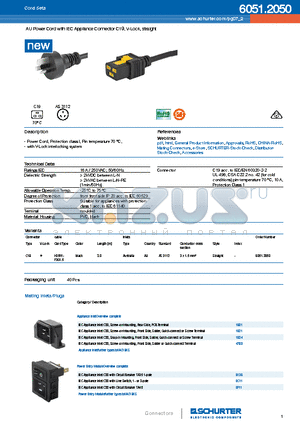 2050 datasheet - AU Power Cord with IEC Appliance Connector C19, V-Lock, straight