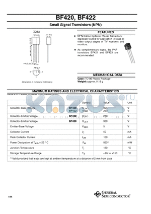 BF422 datasheet - Small Signal Transistors (NPN)