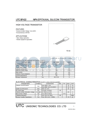 BF422 datasheet - HIGH VOLTAGE TRANSISTOR