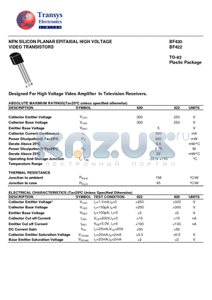 BF422 datasheet - NPN SILICON PLANAR EPITAXIAL HIGH VOLTAGE VIDEO TRANSISTORS