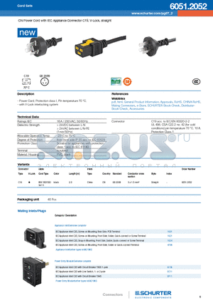 2052 datasheet - CN Power Cord with IEC Appliance Connector C19, V-Lock, straight