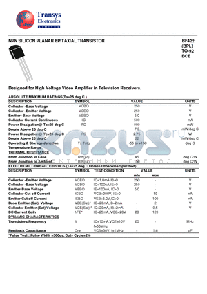 BF422 datasheet - NPN SILICON PLANAR EPITAXIAL TRANSISTOR
