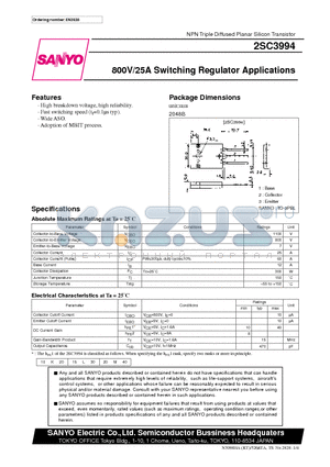 2SC3994_1 datasheet - 800V/25A Switching Regulator Applications