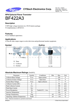BF422A3 datasheet - NPN Epitaxial Planar Transistor