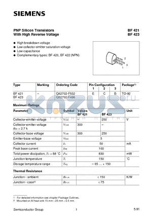 BF423 datasheet - PNP Silicon Transistors (High breakdown voltage Low collector-emitter saturation voltage)