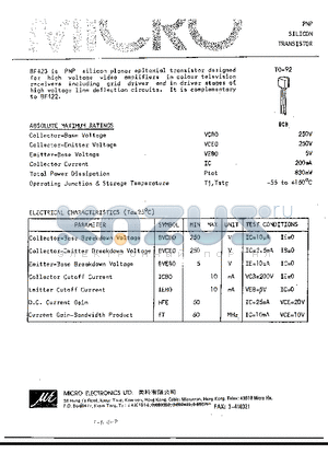 BF423 datasheet - PNP SILICON TRANSISTOR