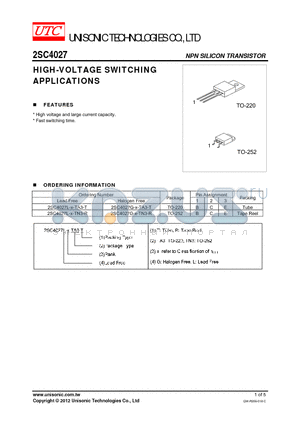 2SC4027L-X-TA3-T datasheet - HIGH-VOLTAGE SWITCHING APPLICATIONS