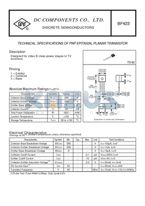 BF423 datasheet - TECHNICAL SPECIFICATIONS OF PNP EPITAXIAL PLANAR TRANSISTOR