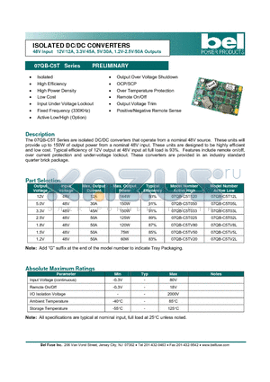 07QB-C5T025 datasheet - ISOLATED DC/DC CONVERTERS 48V Input 12V/12A, 3.3V/45A, 5V/30A, 1.2V-2.5V/50A Outputs