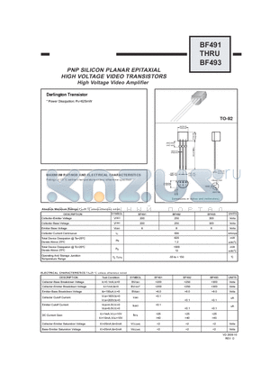 BF492 datasheet - PNP SILICON PLANAR EPITAXIAL HIGH VOLTAGE VIDEO TRANSISTORS High Voltage Video Amplifier