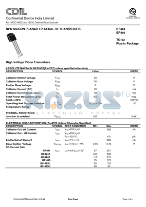 BF495 datasheet - NPN SILICON PLANAR EPITAXIAL RF TRANSISTORS