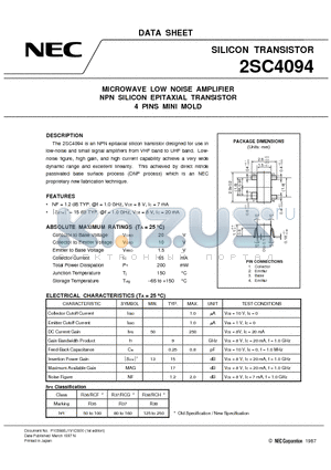 2SC4094 datasheet - MICROWAVE LOW NOISE AMPLIFIER NPN SILICON EPITAXIAL TRANSISTOR 4 PINS MINI MOLD