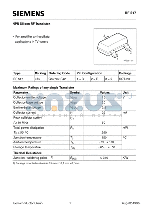 BF517 datasheet - NPN Silicon RF Transistor (For amplifier and oscillator applications in TV-tuners)
