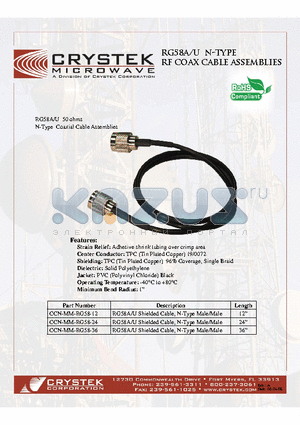 CCN-RG58 datasheet - N-Type RF Coax Cable Assemblies