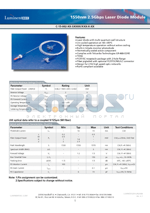 C-15-002-P-SMUHI datasheet - 1550nm 2.5Gbps Laser Diode Module