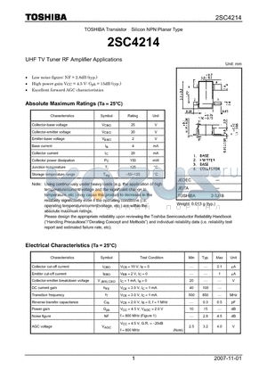 2SC4214 datasheet - Silicon NPN Planar Type UHF TV Tuner RF Amplifier Applications
