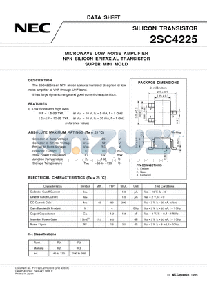 2SC4225 datasheet - MICROWAVE LOW NOISE AMPLIFIER NPN SILICON EPITAXIAL TRANSISTOR SUPER MINI MOLD