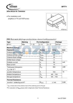BF771 datasheet - NPN Silicon RF Transistor