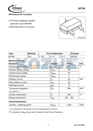 BF799 datasheet - NPN Silicon RF Transistor