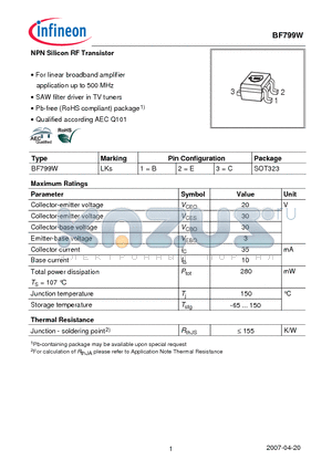 BF799W_07 datasheet - NPN Silicon RF Transistor