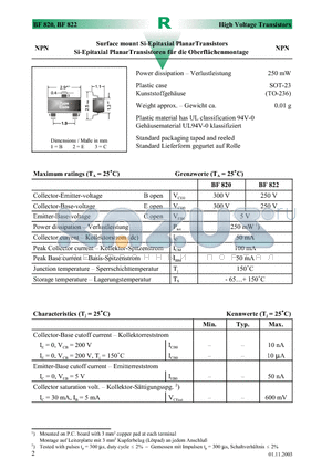 BF822 datasheet - Surface mount Si-Epitaxial PlanarTransistors