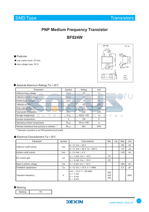 BF824W datasheet - PNP Medium Frequency Transistor