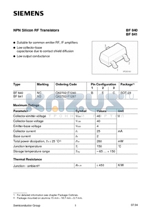 BF840 datasheet - NPN Silicon RF Transistors (Suitable for common emitter RF, IF amplifiers Low collector-base capacitance due to contact shield diffusion)