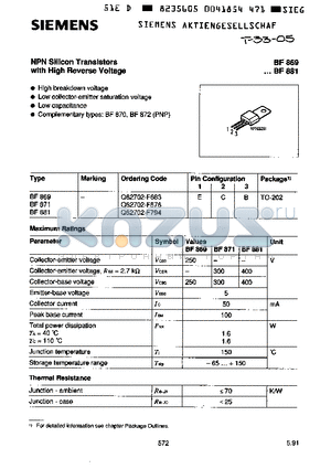 BF871 datasheet - NPN Silicon Transistors with High Reverse Voltage