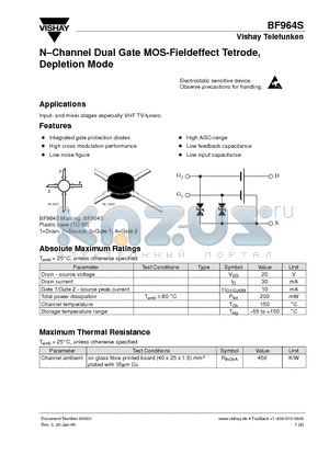 BF964S datasheet - N-Channel Dual Gate MOS-Fieldeffect Tetrode, Depletion Mode