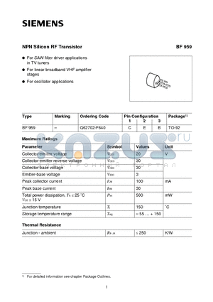 BF959 datasheet - NPN Silicon RF Transistor (For SAW filter driver applications in TV tuners For linear broadband VHF amplifier stages)