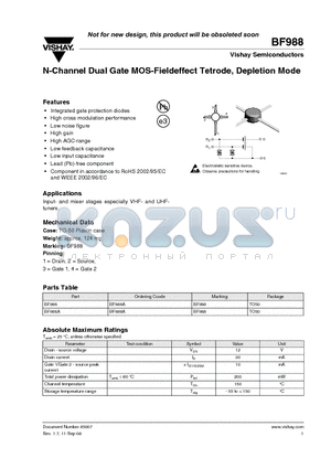 BF988_08 datasheet - N-Channel Dual Gate MOS-Fieldeffect Tetrode, Depletion Mode