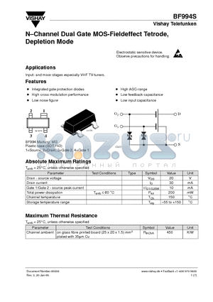 BF994 datasheet - N-Channel Dual Gate MOS-Fieldeffect Tetrode, Depletion Mode