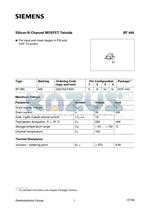 BF995 datasheet - Silicon N Channel MOSFET Tetrode (For input and mixer stages in FM and VHF TV tuners)