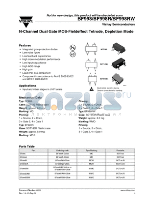 BF998 datasheet - N-Channel Dual Gate MOS-Fieldeffect Tetrode, Depletion Mode