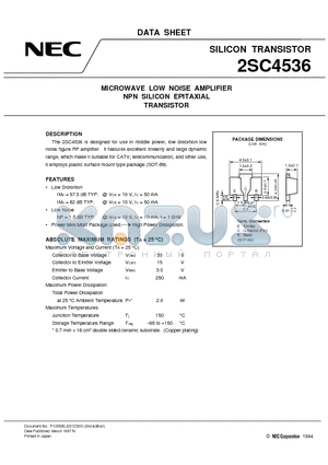 2SC4536 datasheet - MICROWAVE LOW NOISE AMPLIFIER NPN SILICON EPITAXIAL TRANSISTOR