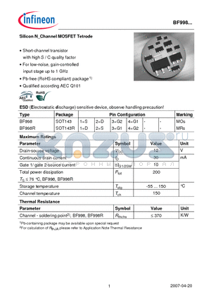 BF998R datasheet - Silicon N_Channel MOSFET Tetrode