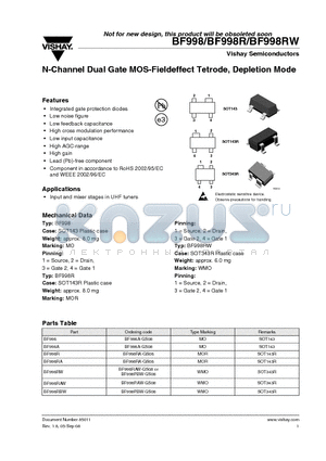 BF998RA-GS08 datasheet - N-Channel Dual Gate MOS-Fieldeffect Tetrode, Depletion Mode