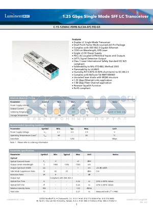 C-15-1250AC-FDFB-SLC3A-07 datasheet - 1.25 Gbps Single Mode SFF LC Transceiver