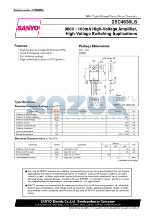 2SC4630LS datasheet - 900V/100mA High-Voltage Amplifier,High-Voltage Switching Applications